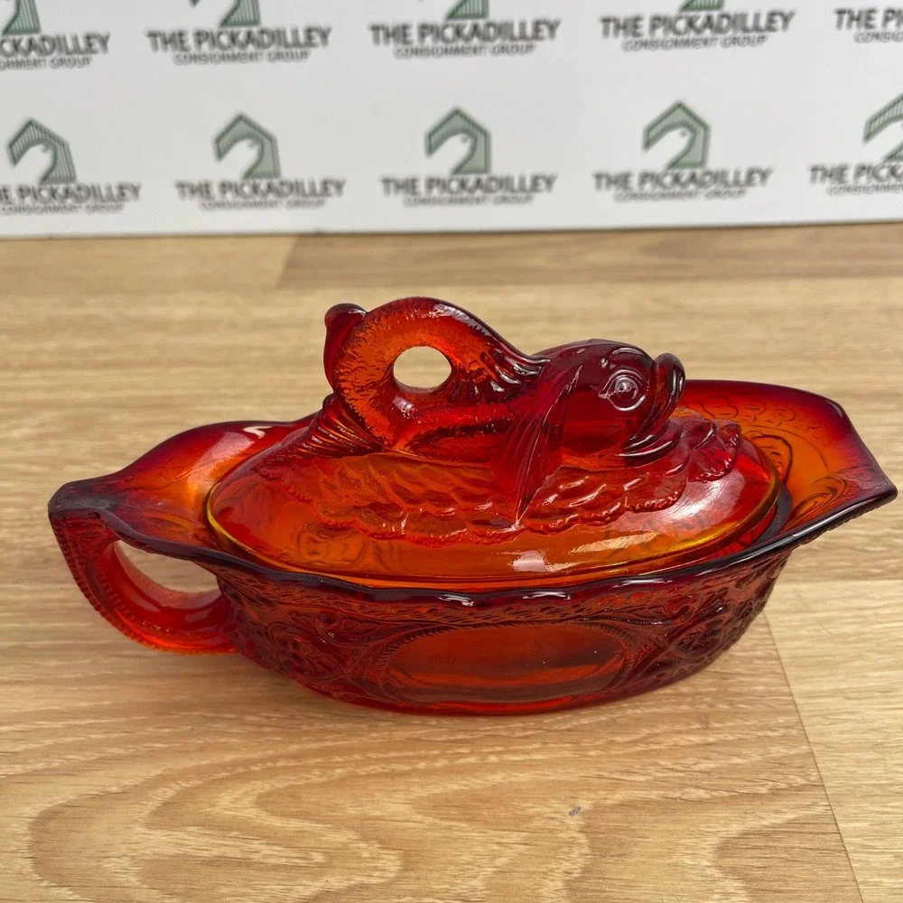 Vintage Amberina Glass Koi Fish Covered Gravy Boat Dish Red Orange 7 Inch